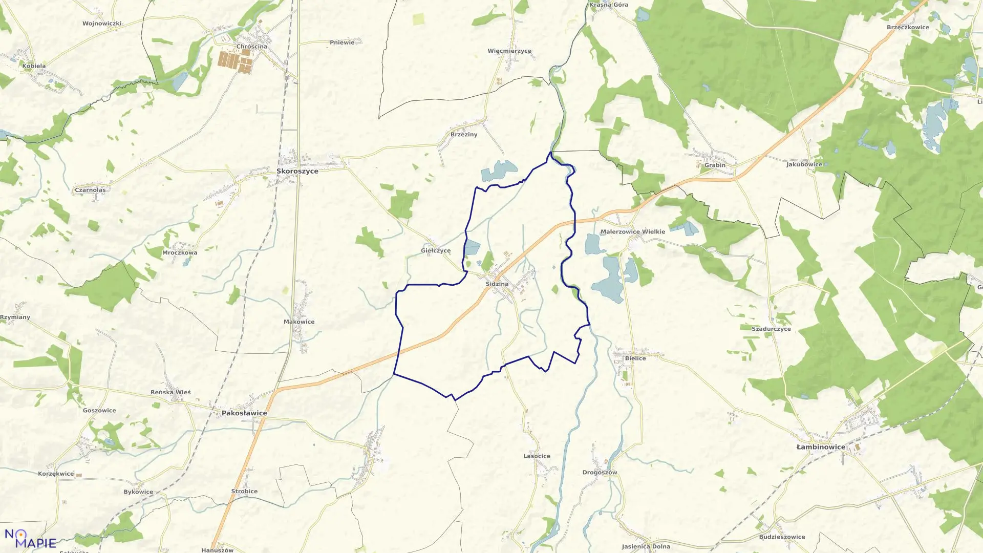 Mapa obrębu SIDZINA w gminie Skoroszyce